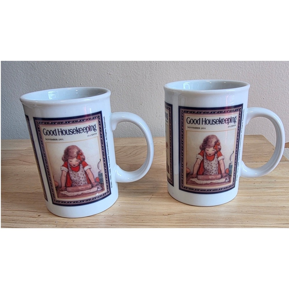 Good Housekeeping Coffee Mug 2 pc Set White Vintage 1930s Cover Art Ceramic 2pc